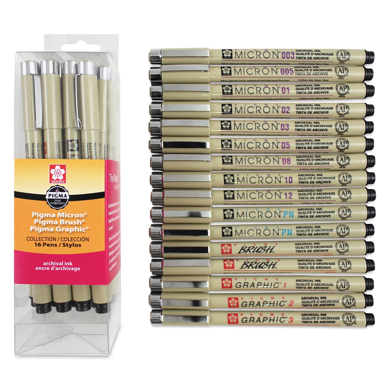 Sakura Pigma Micron, Brush and Graphic Markers - Set of 16, Black, Assorted Sizes